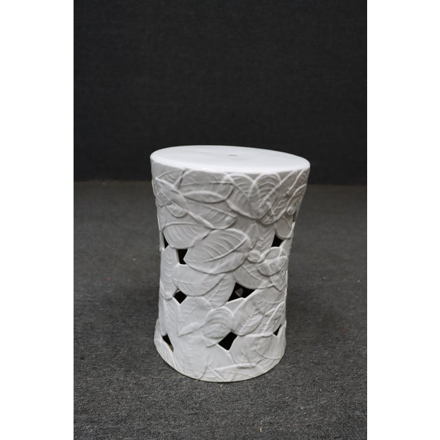 Hollywood Regency White Glazed Ceramic Garden Stool With Leaf Motif For Sale - Image 3 of 6