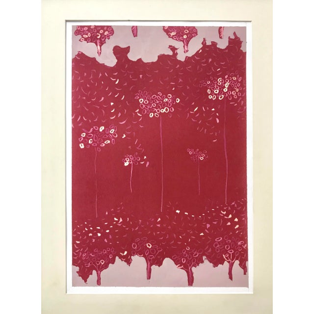 Vintage Mid Century Modernist Abstract Serigraph of Trees. Presented matted and framed.