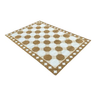 Handmade Cotton Flat Weave Area Rug, Tile Patterned Tan, Beige and Cream Dhurrie - 8'x10' For Sale