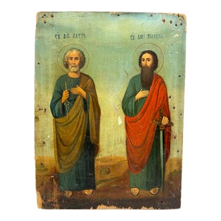 19th-Century Icon Painting of Saints Peter and Paul, Oil on Wood For Sale
