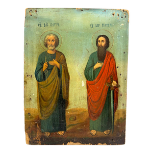 19th-Century Icon Painting of Saints Peter and Paul, Oil on Wood
