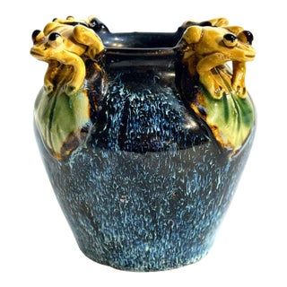 Vintage Italian Majolica Frog-Handle Cachepot Planter | Blue Glazed Pottery Vase, 4” For Sale