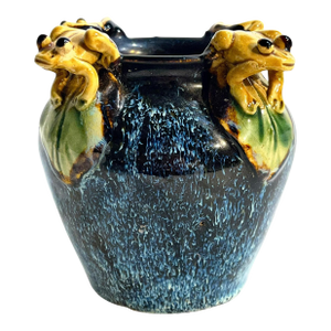 Vintage Italian Majolica Frog-Handle Cachepot Planter | Blue Glazed Pottery Vase, 4”