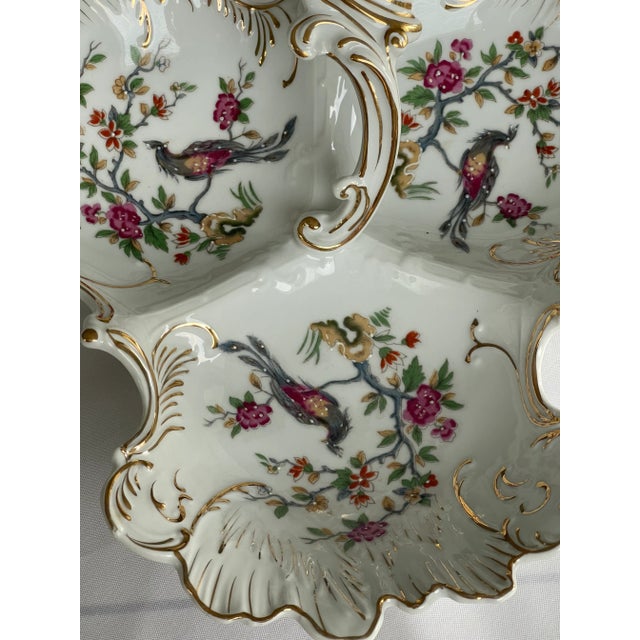 French Vintage Tri-Section Handpainted Dish Serving Bowl Vintage Large Condiment Server For Sale - Image 3 of 10