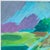 This is a beautifully colored, tranquil landscape in hues of turquoise, green, and lavender by an unknown artist.