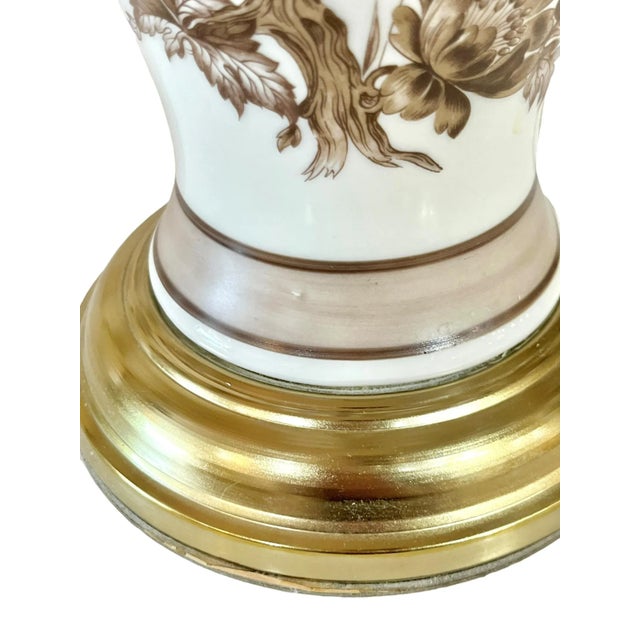 Pair Vintage Brown and White Ceramic Transferware Hollywood Regency Style Lamps For Sale - Image 11 of 12