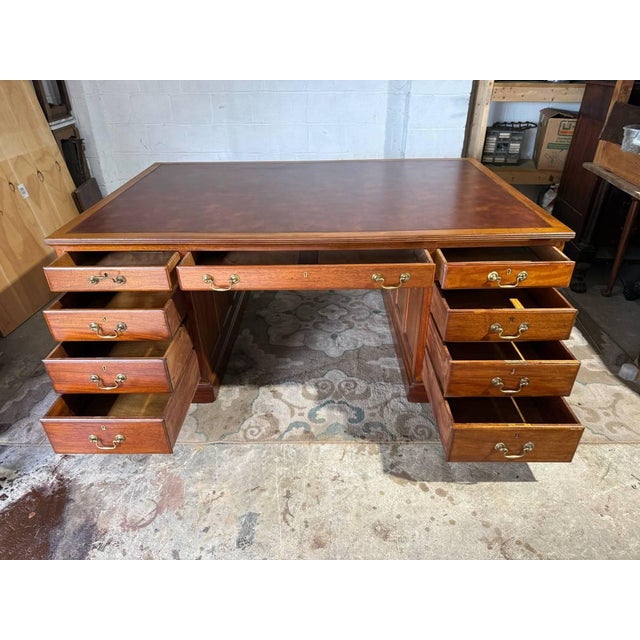 19th Century Large Size Antique English Geogra Style Oak Leather Top Double Pedestal Partner Executive Desk For Sale - Image 14 of 18
