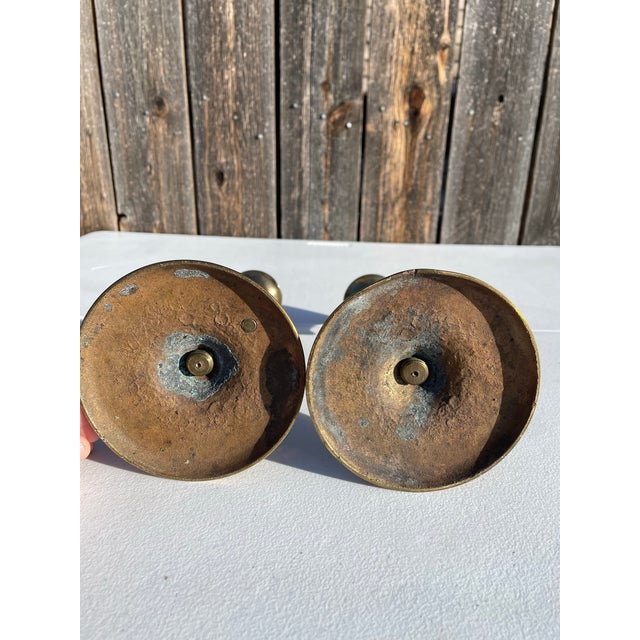 Brass Vintage Pair of Sturdy Brass Candlesticks For Sale - Image 8 of 10