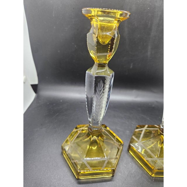 Pair, Vintage Etched Yellow and Transparent Glass Candles Holders