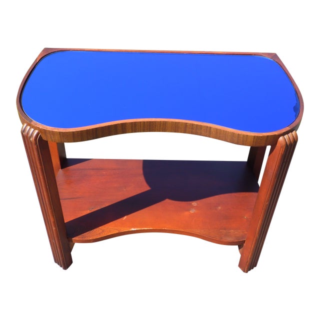 Vintage Art Deco Cobalt Blue Mirror Glass Side Table Walnut End Table