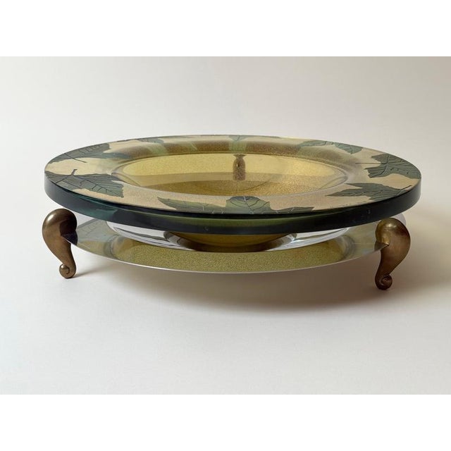 Large Art Glass Centerpiece Bowl with Brass Stand, 2000 For Sale - Image 16 of 18