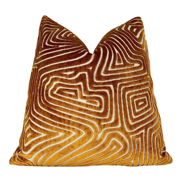 Bronze Maze Velvet Throw Pillow With Feather Down Insert For Sale
