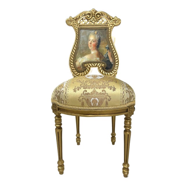 Gold Accent Chair With Lady Portrait – Elegant Baroque Style For Sale