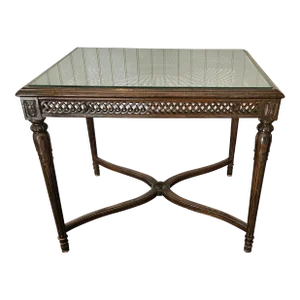 Glass Topped Cane and Carved Wood Side Table