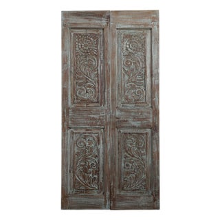 Antique Artisan Carved Double Door – Distressed Blue Floral Barn Door 80x40 For Sale