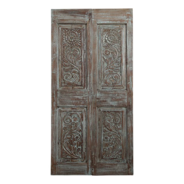 Antique Artisan Carved Double Door – Distressed Blue Floral Barn Door 80x40 For Sale