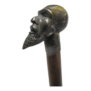 Bronze Bearded Man Figural Scholar Handle Antique Wood Walking Stick Cane For Sale