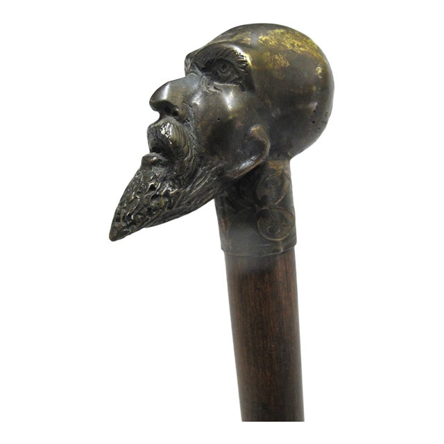 Bronze Bearded Man Figural Scholar Handle Antique Wood Walking Stick Cane For Sale
