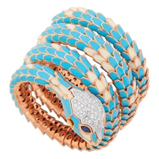 SNAKE COLLECTION , Turquoise & White SNAKE BRACELET , Diamonds, 18K & Sterling For Sale