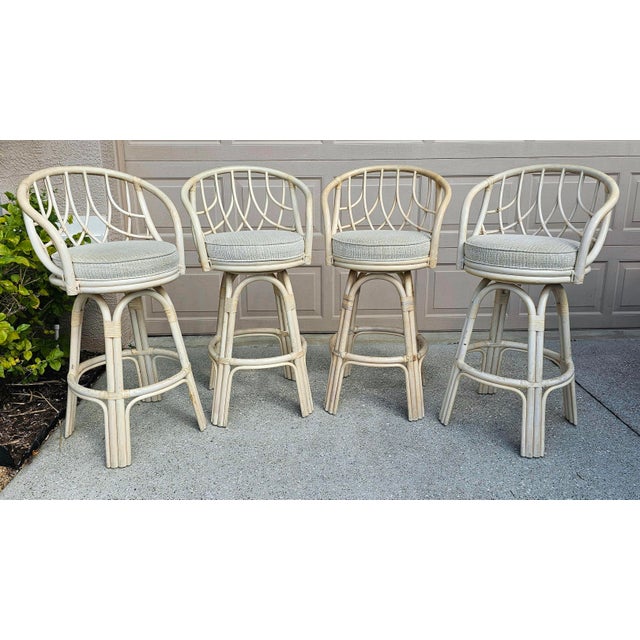 2000 - 2009 Set of Four Lane Venture "Tradewinds" Swivel Rattan Bar Stools For Sale - Image 5 of 14