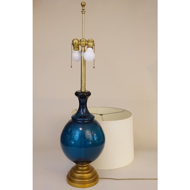 Xlarge Marbro Thick Blown Murano Italy Ultramarine Art Glass Brass Table Lamp 1960's Blenko For Sale - Image 11 of 12