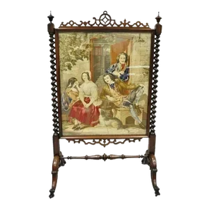 Antique 19th Century Rosewood & Figural Needlepoint Victorian Spiral Carved Firescreen