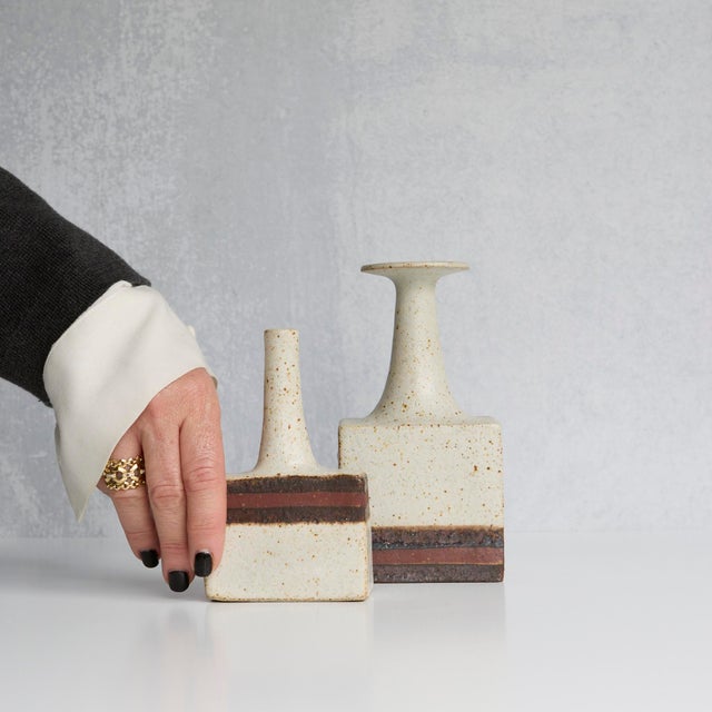 A rare and beautifully preserved pair of ceramic vases by acclaimed Italian ceramist Bruno Gambone, likely dating from the...
