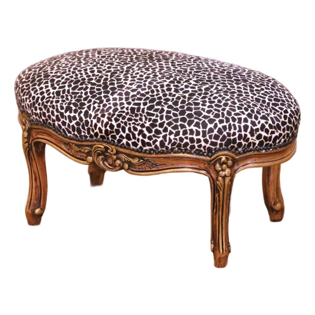 Mid-Century French Louis XV Style Walnut Footstool With Upholstered Seat For Sale