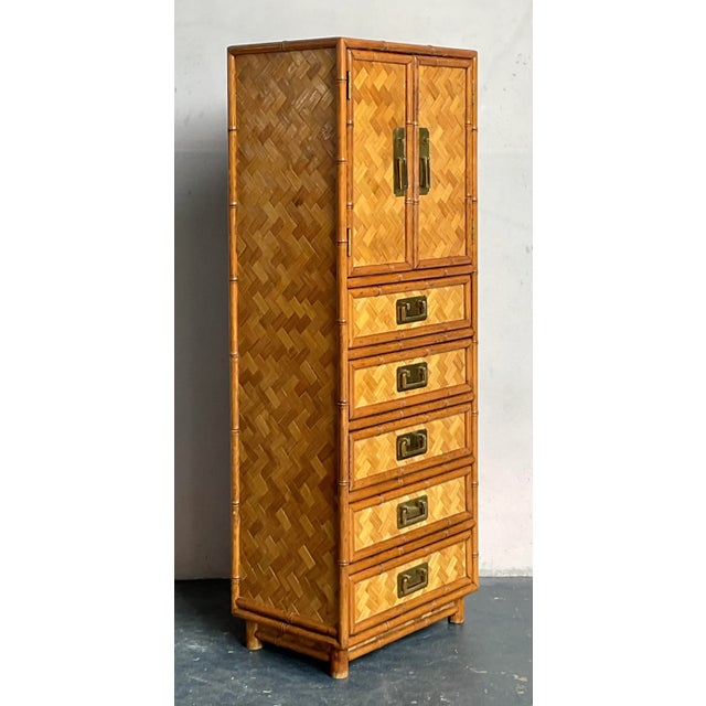 Mid-Century Modern Vintage Boho Parquet Rattan Gentleman’s Chest For Sale - Image 3 of 7
