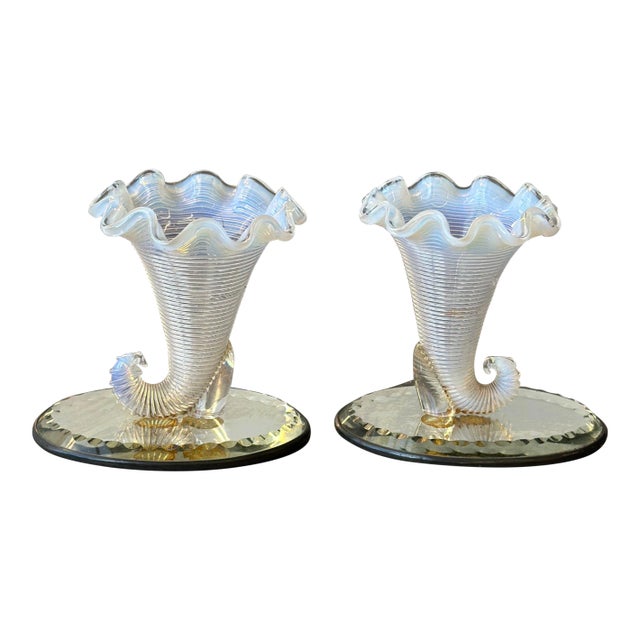 Vintage Opalescent Blown Glass Cornucopia-Style Trumpet Vessels on Mirrored Cut Glass Bases, a Pair, Circa 1930s For Sale