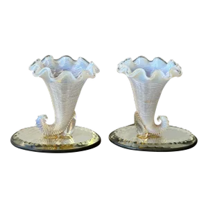 Vintage Opalescent Blown Glass Cornucopia-Style Trumpet Vessels on Mirrored Cut Glass Bases, a Pair, Circa 1930s