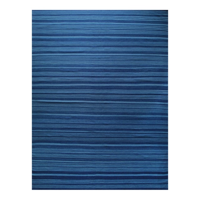 8x10 Para Penelope Blue Stripe Geometric Flatweave Wool Carpet Rug For Sale