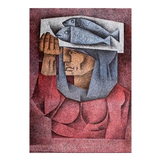 1970s Jorge Dumas Lithograph of Woman With Fish For Sale