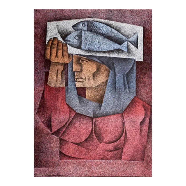 1970s Jorge Dumas Lithograph of Woman With Fish For Sale