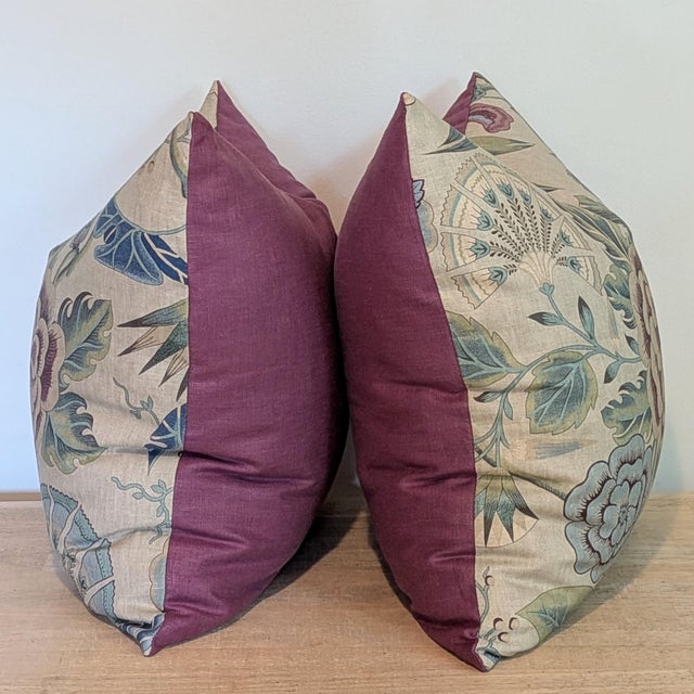 Transitional Thibaut Cleo Pillows in Plum & Blue With Schumacher Glazed Linen Backs For Sale - Image 3 of 7