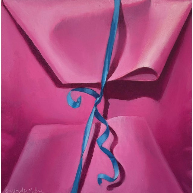 Pink Package by Sarah van der Helm | Oil on Cradled Panel close-up of a pink gift wrapped with blue ribbon For Sale