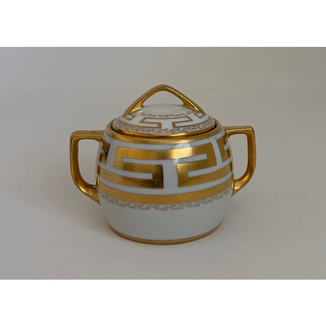 Neoclassical 1910s Pickard Hand-Painted Gilt Greek Key Creamer and Sugar Set For Sale - Image 3 of 8