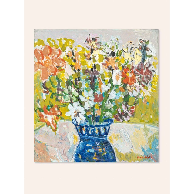Eric WITH Expressionist bouquet of flowers in a blue vase. Oil on panel. Backed with a polished frame made of wood. Modern...