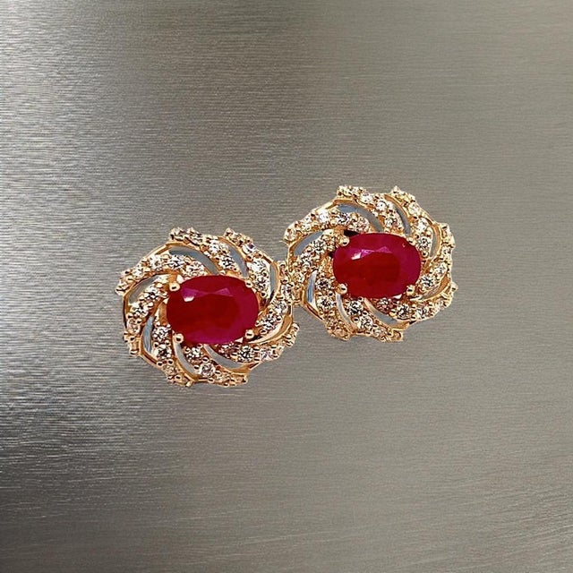 Diamond Ruby Earrings 14 Karat Yellow Gold 3.64 TCW Certified For Sale - Image 11 of 18