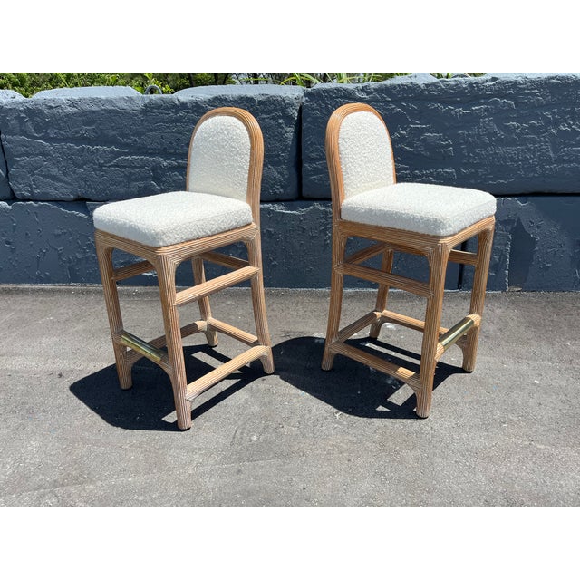 Wood 1970s Pair of Wicker Pencil Reed Brass Upholstered Bar Stools After Gabriella Crespi For Sale - Image 7 of 12