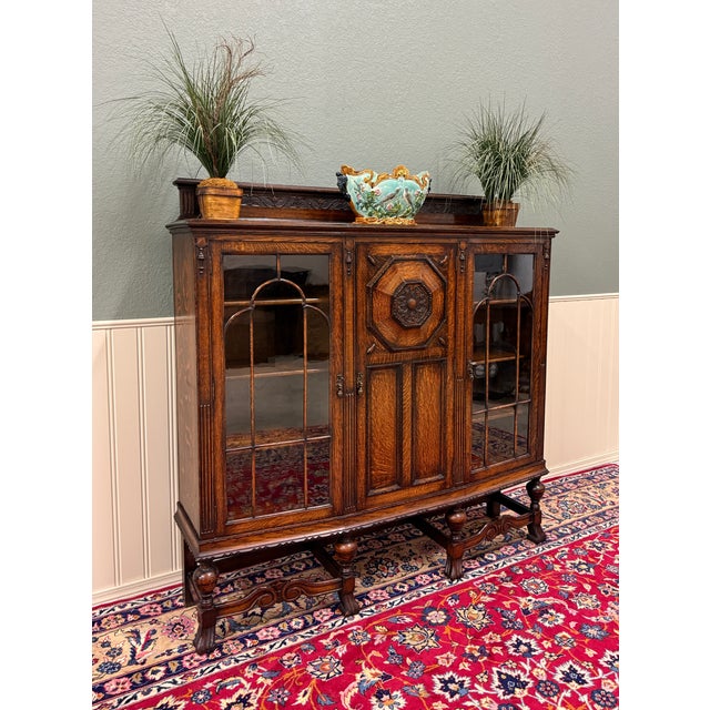 Antique English Jacobean Bookcase Bow Front Cabinet Triple Door Oak C1930s For Sale - Image 4 of 18