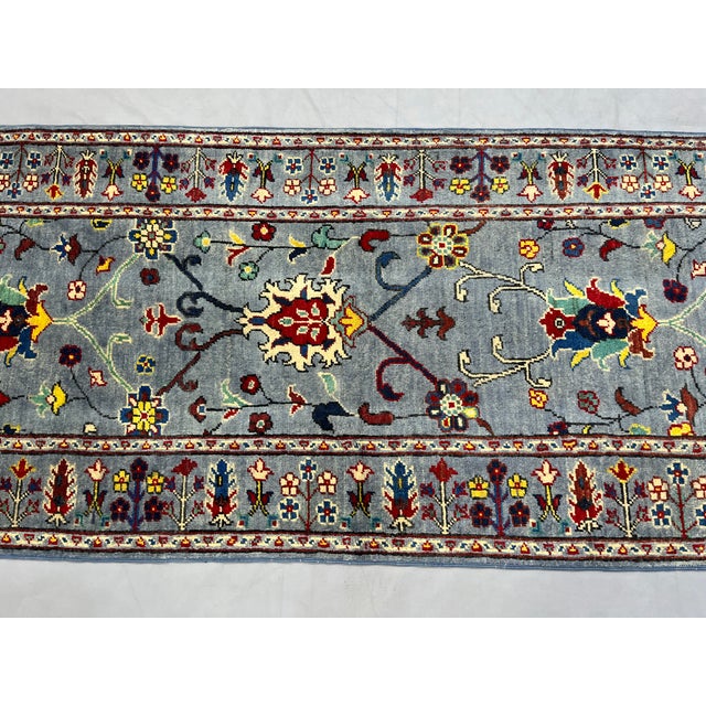 Textile Blue Gray Persian-Style Floral Wool Runner Rug, Natural Dyes, 2'9" X 9'7" For Sale - Image 7 of 14