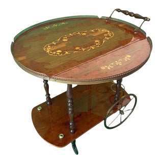 Vintage Italian Marquetry Satinwood Drop Leaf Bar Cart Made in Italy For Sale