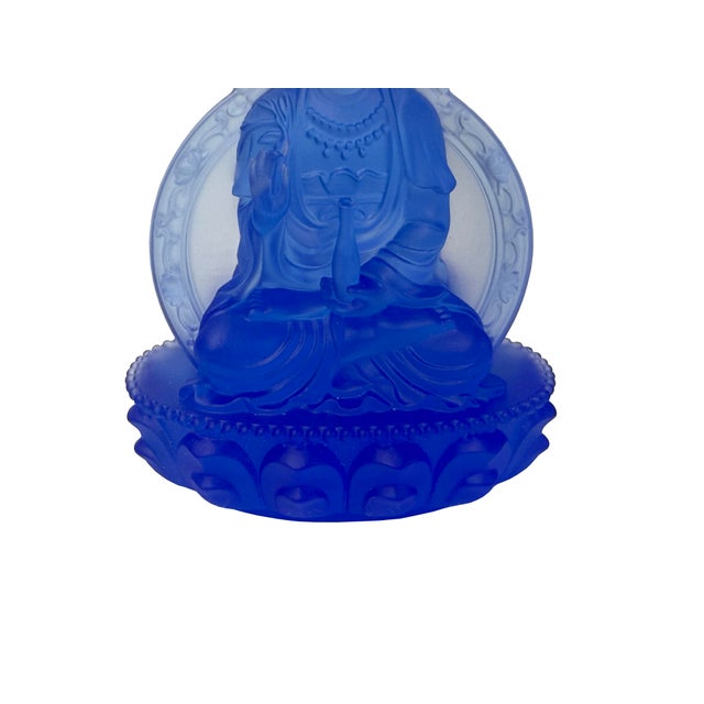 Blue Frosted Crystal Glass Lotus Base 2 Sides Bodhisattva Guanyin Figure For Sale - Image 10 of 11