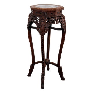 Vintage Chinese Carved Rosewood Pedestal Stand With Marble Top For Sale