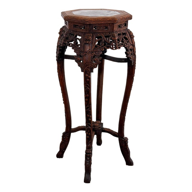 Vintage Chinese Carved Rosewood Pedestal Stand With Marble Top For Sale