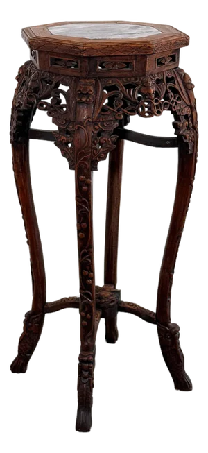 Vintage Chinese Carved Rosewood Pedestal Stand With Marble Top
