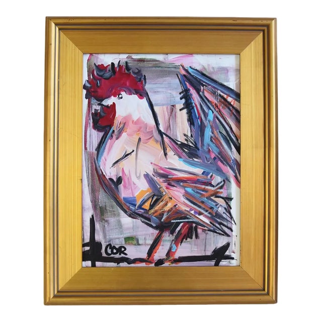 Expressionism Chicken Rooster Portrait Oil Painting by Listed Artist “Corbellic” Displayed in an Antiqued Gold Wood Frame For Sale