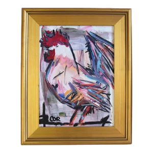 Expressionism Chicken Rooster Portrait Oil Painting by Listed Artist “Corbellic” Displayed in an Antiqued Gold Wood Frame