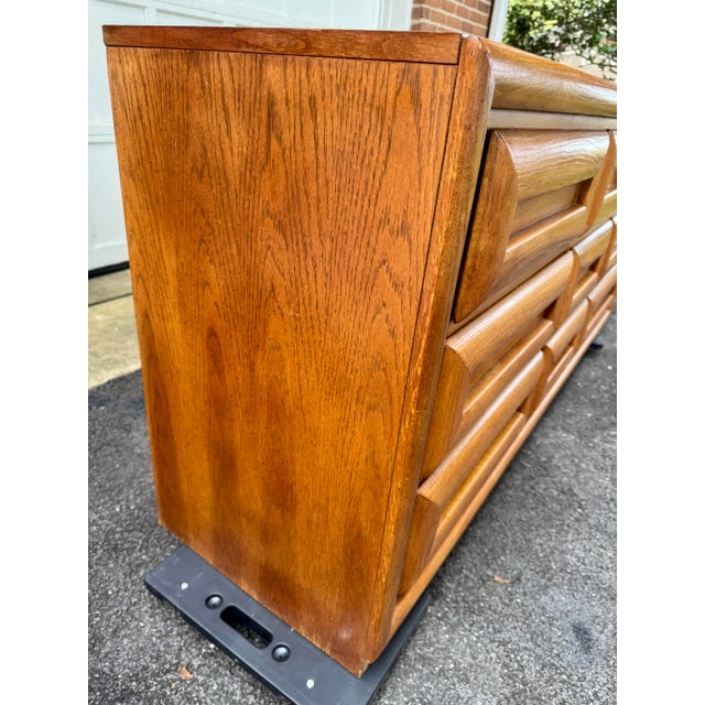 Wood Vintage Bassett Sculptural Oak Nine-Drawer Dresser For Sale - Image 7 of 12